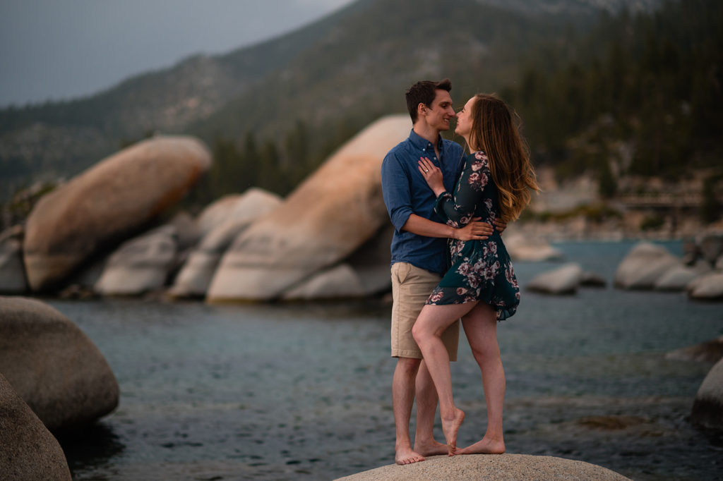 Newly engaged at Sand Harbor in Lake Tahoe